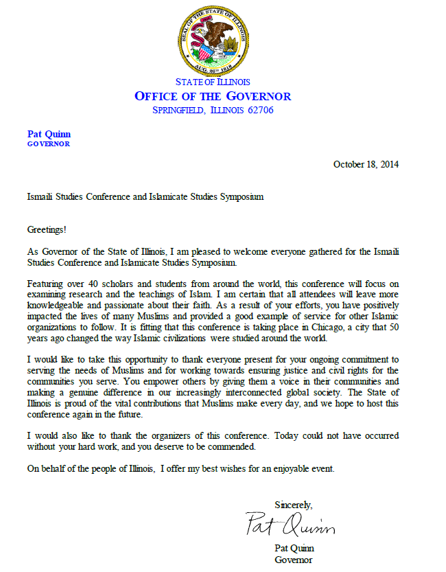 Greeting Letter from Governor State of Illinois for our Ismaili Studies Conference
