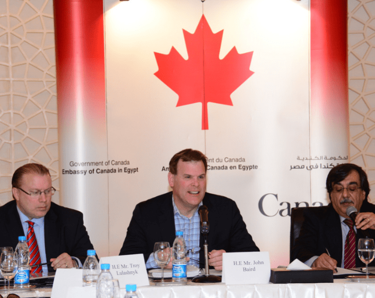 Canada's Foreign Affairs Minister John Baird attends a roundtable with youth from ILO Decent Jobs Project