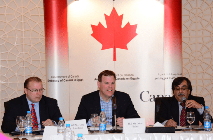Canada's Foreign Affairs Minister John Baird attends a roundtable with youth from ILO Decent Jobs Project