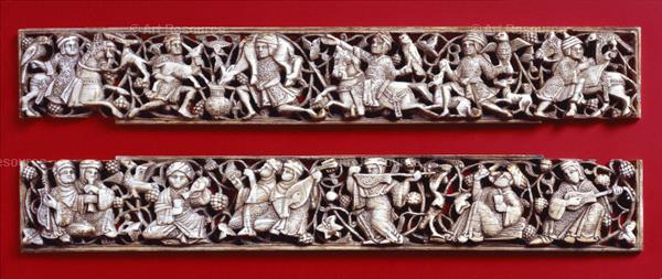 Ivory frame (likely for a book cover) with Princely cycle imagery. Relief carvings, ivory. Fatimid (Egpyt) 11th century. (Image via Studyblue)