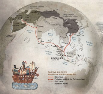 Illustration by Fernando G. Baptista, National Geographic (NG) Staff. Map by Virginia W. Mason and Lisa R. Ritter, NG Staff. Ship Reconstruction consultants: Nick Burningham and Michael Flecker. Dhow image from Biblioteque Nationale de France.