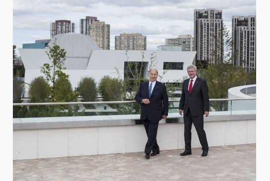 The Aga Khan, left, with Prime Minister Stephen Harper at the opening of the Ismaili Centre and the Aga Khan Museum on Sept. 12, 2014. Picture taken at the terrace on top of the Ismaili Centre building with the Aga Khan Museum in the background. (Image: Aaron Vincent Elkaim / THE CANADIAN PRESS)