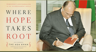 His Highness the Aga Khan seen signing his book "Where Hope Takes Root" for the Premier of British Columbia, The Honourable Gordon Campbell, during his Golden Jubilee visit to Vancouver in 2008. Photo Credit: The Vancouver Sun. Copyright.