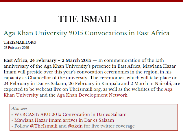 Live Webcast: Aga Khan University 2015 Convocations in East Africa with Chancellor His Highness the Aga Khan Presiding the Ceremonies