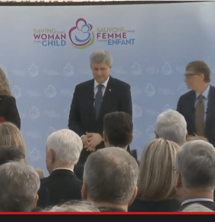Prime Minister Stephen Harper, Bill Gates and Susan Johnson at the Delegation of Ismaili Imamat for the maternal, newborn and child health (MNCH) session (Image screen capture of live webcast)