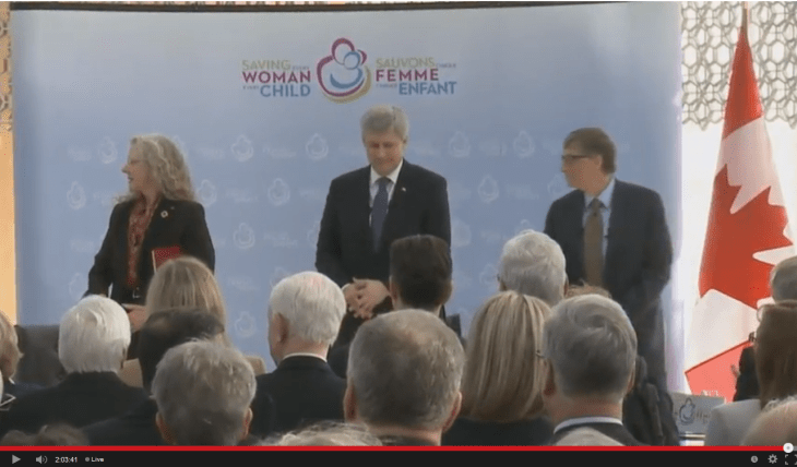 Prime Minister Stephen Harper, Bill Gates and Susan Johnson at the Delegation of Ismaili Imamat for the maternal, newborn and child health (MNCH) session (Image screen capture of live webcast)