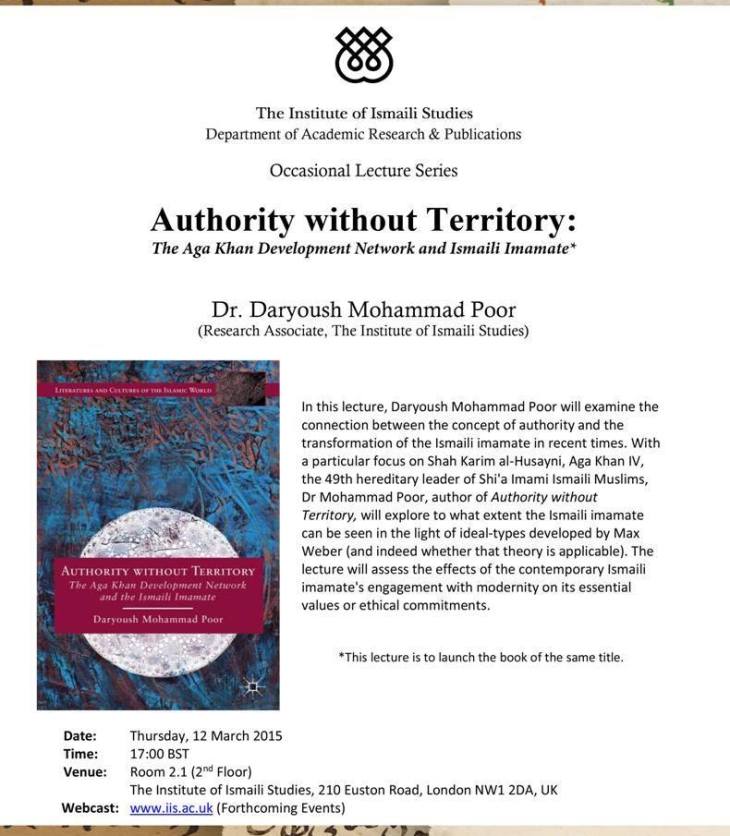 Event – March 12 | The Institute of Ismaili Studies | Daryoush Mohammad Poor's Book Launch: Authority Without Territory