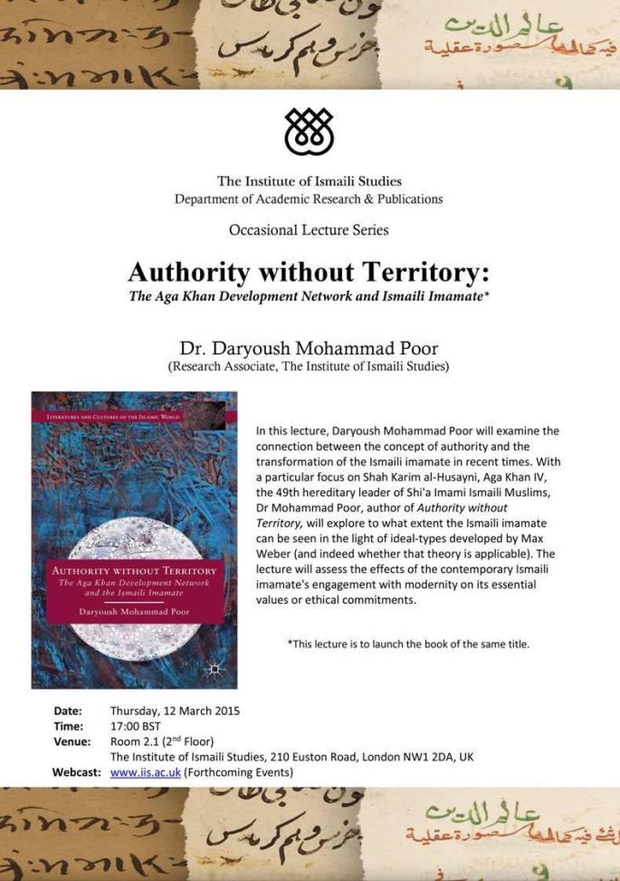 Event – March 12 | The Institute of Ismaili Studies | Daryoush Mohammad Poor's Book Launch: Authority Without Territory