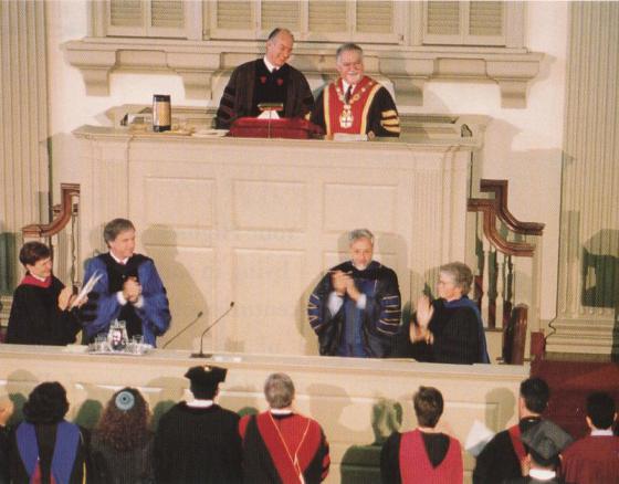 From Ismailimail Archives - May 26, 1996: His Highness the Aga Khan receives a standing ovation at the conclusion of the Baccalaureate Address at Brown University, Providence, Rhode Island. The President, Vartan Gregorian, is next to him.