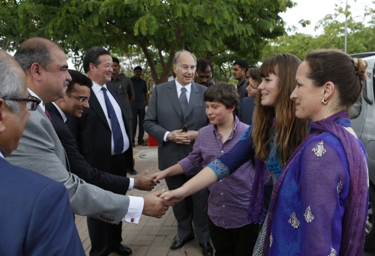 Ismaili Council Vice-President and Chairman of the Aga Khan Education Service, India welcome Princess Zahra, her children Sara and Iliyan, Prince Aly Muhammad, and Mawlana Hazar Imam to the Aga Khan Academy, Hyderabad. (Image credit: Nazim Lokhandwala via TheIsmaili.com)
