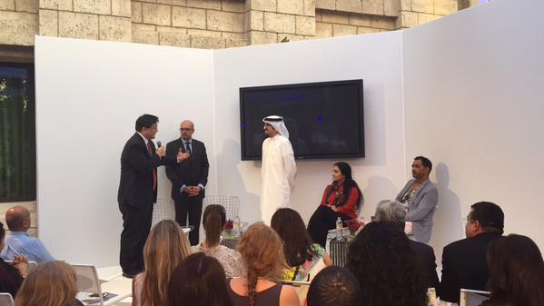 Sultan Al Qassemi at Art Dubai Terrace Talks announcing Barjeel Art exhibition to be featured at Aga Khan Museum, Toronto in summer of 2015 in the presence of Arif Lalani, Canada's Ambassador to UAE and Henry Kim, CEO of Aga Khan Museum (holding mike) (Image via Sultan Al Qassemi Tweet)