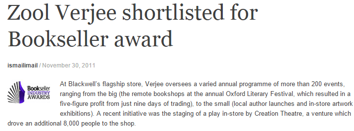 Zool Verjee shortlisted for Bookseller award
