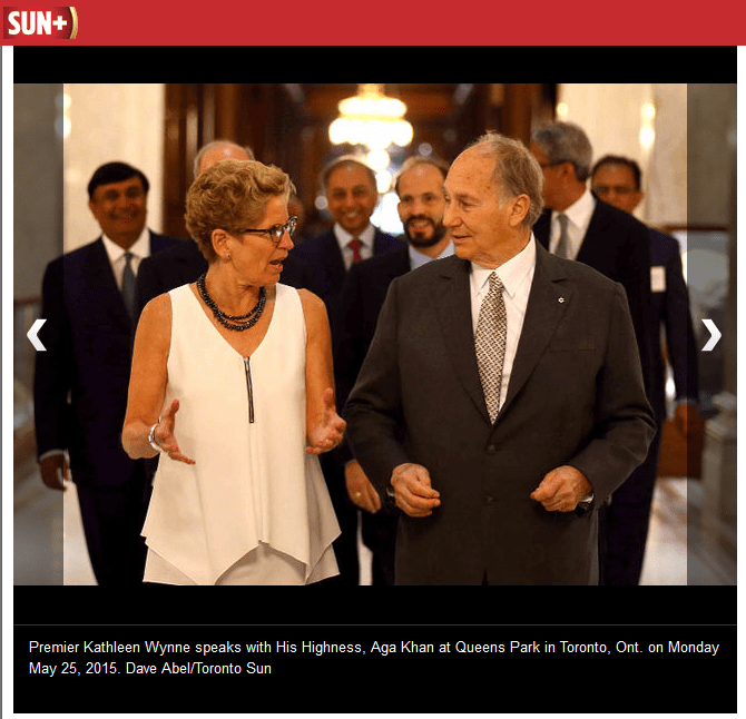 Premier Kathleen Wynne speaks with His Highness, Aga Khan at Queens Park in Toronto, Ont. on Monday May 25, 2015. Dave Abel/Toronto Sun