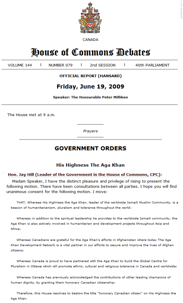 Canada bestows the title honorary Canadian citizen