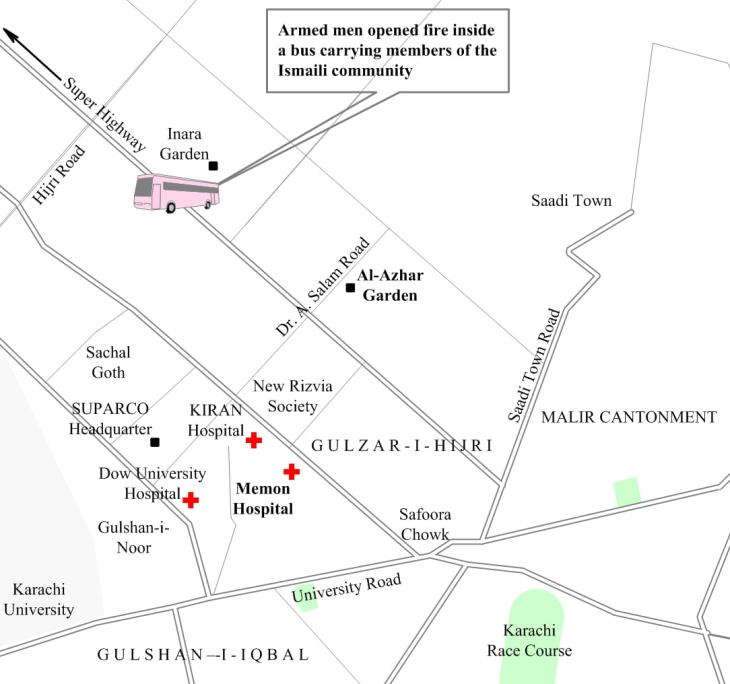 Karachi attack on Ismailis: Image map via dnnews