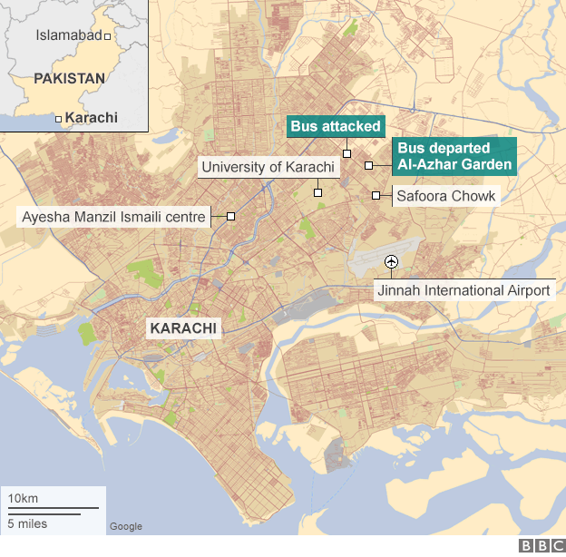 Karachi attack on Ismailis: Image map via BBC