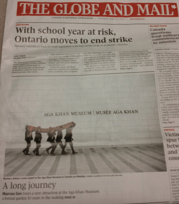The Globe and Mail Front Page - Tuesday May 26, 2015 Edition with the story on the Aga Khan Park