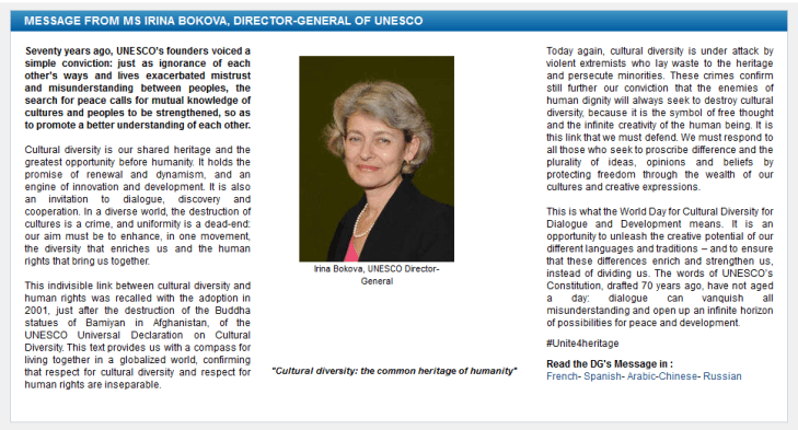 World Day for Cultural Diversity for Dialogue and Development - message of Irina Bokova, Director-General of UNESCO