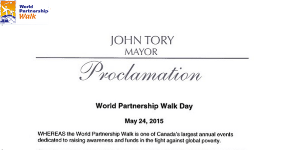 Toronto Mayor John Tory & Toronto City Council proclaim May 24, 2015 as World Partnership Walk Day