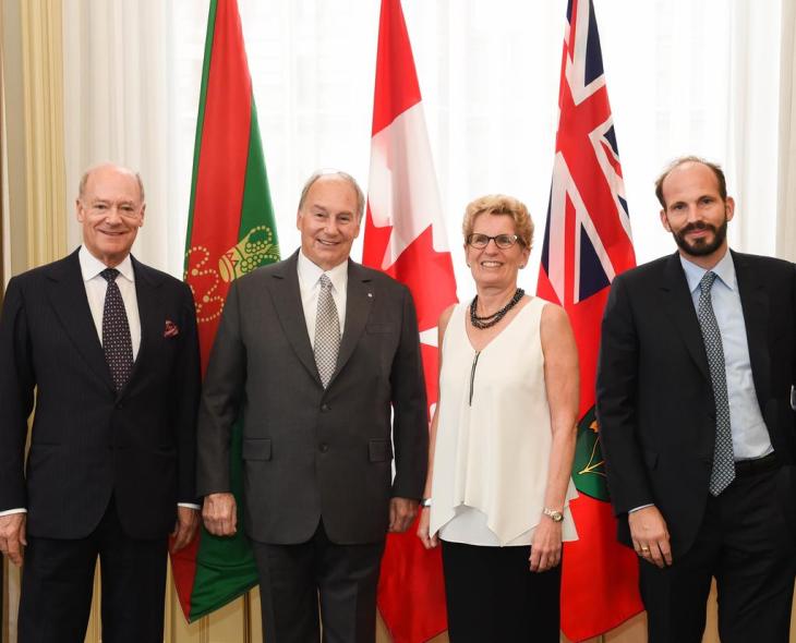 From Left to right: Prince Amyn Aga Khan (Brother of His Highness), His Highness Prince Karim Aga Khan, Honourable Kathleen Wynne, Premier of Ontario, Prince Hussain Aga Khan (2nd son and third child of His Highness) following the signing ceremony between the Province of Ontario and the Ismaili Imamat. (Photo: Office of the Premier)