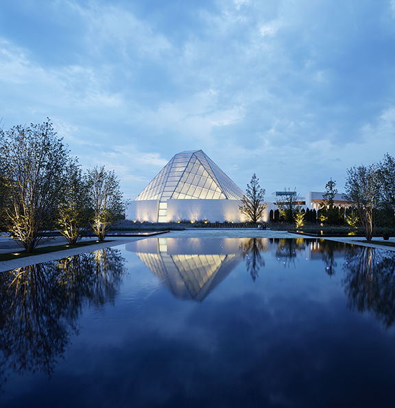 Ismaili Centre, Toronto within the Aga Khan Park, reflecting in one of the five infinity pools (Photo: Janet Kimber via Aga Khan Museum  / New York Post)