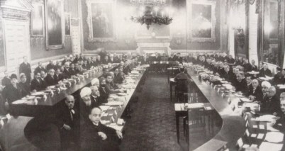 Imam Sultan Mahomed Shah (seated 5th from far left) in discussions at the first round-table conference held in London in November 1930