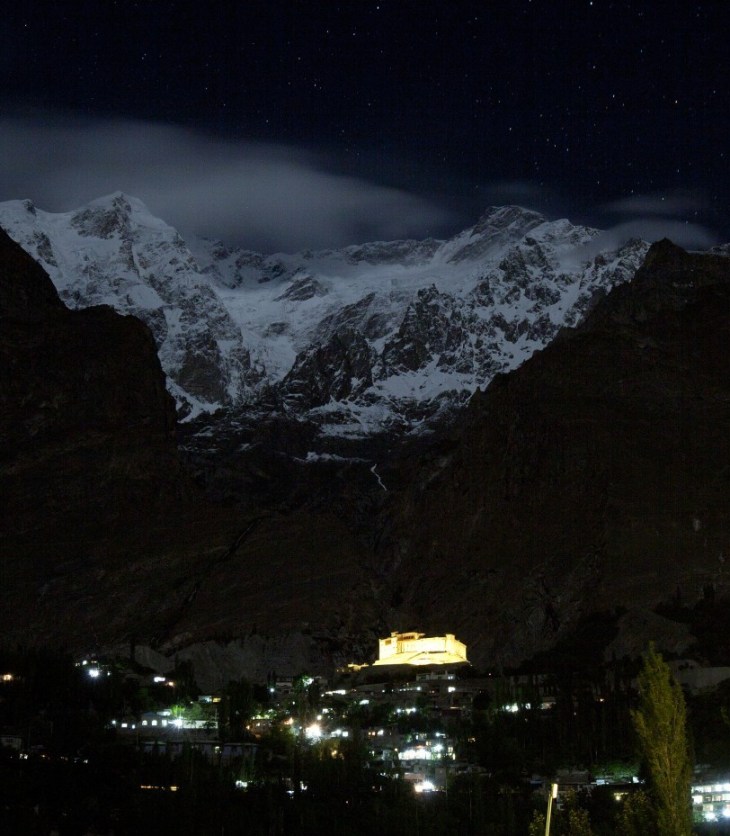 A night view of the Hunza Valley. The Ultar Peak in the Karakoram mountain range in Pakistan is also seen over the Baltit Fort in Hunza on June 27. (Image credit: Mian Khursheed For The Washington Post)