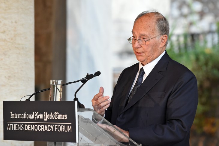 Prince Karim Aga Khan speaks at the Stoa of Attalos in Athens on the occasion of the International Day of Democracy. PHOTO: PR 