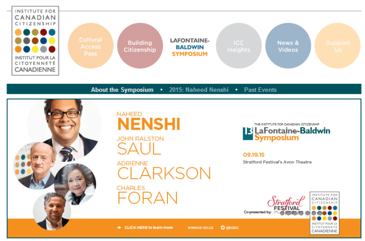 Calgary Mayor Naheed Nenshi delivers the 13th LaFontaine-Baldwin Symposium keynote on citizenship and the importance of inclusion alongside Adrienne Clarkson and John Ralston Saul 