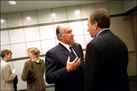 His Highness the Aga Khan (left) talks with Lawrence H. Summers at the launching of ArchNet.org the world's largest online resource of historical and contemporary materials on architecture, urbanism, landscape design, and related issues of concern to the Muslim world - and those interested in it. (Image credit: Stephanie Mitchell, Harvard Gazette)