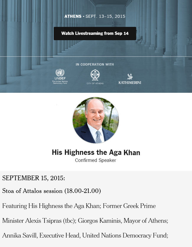 International New York Times - His Highness the Aga Khan to deliver Keynote Address at Athens Democracy Forum on September 15th
