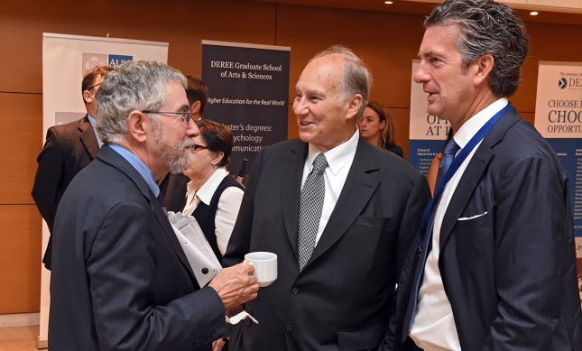 His Highness the Aga Khan speaks with Stephen Dunbar-Johnson, President, International, The New York Times and Nobel-winning economist Paul Krugman, op-ed columnist at the New York Times. (image credit: Gary Otte, AKDN)