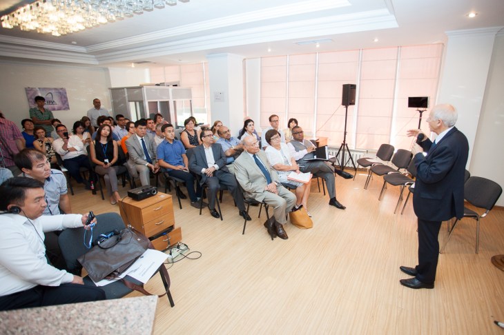 Jamil Salmi’s (centre, standing) lecture was attended by Adilet Bekboev (front row, extreme left), Deputy Minister of Education and Science, Shamsh Kassim-Lakha (centre), Executive Chairman, UCA Board Executive Committee and Mrs Roza Otunbayeva (right), Former President of the Kyrgyz Republic. (Image credit: University of Central Asia)
