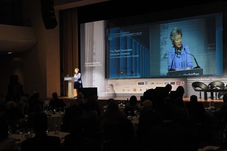 The Right Honorable Adrienne Clarkson speaking at the 2015 Athens Democracy Forum. (image via Huffington Post)