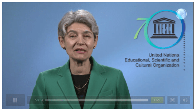 London, 22 October 2015: UNESCO Director General Irina Bokova, delivering a video message at the ICOMOS 50th Anniversary Conference (image via live webcast screen capture)