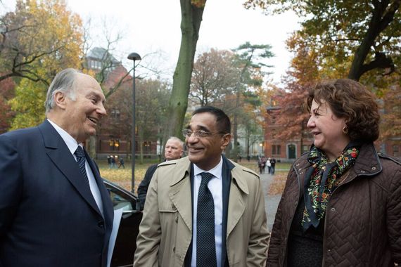 L to R: His Highness Prince Karim Aga Khan, Ali Asani - Professor of Indo-Muslim Religion and Cultures and the Director of Prince Alwaleed bin Talal Islamic Studies Program at Harvard, Michèle Lamont Director of the Weatherhead Center for International Affairs at Harvard. (image credit: Martha Stewart via Huffington Post)