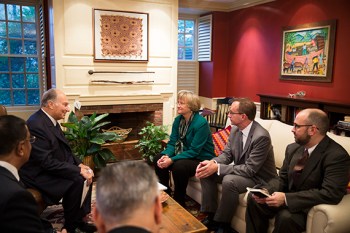 The Aga Khan (from left) met with Harvard President Drew Faust, Mark C. Elliott, the Mark Schwartz Professor of Chinese and Inner Asian History, and others prior to his talk at the Memorial Church. Stephanie Mitchell/Harvard Staff Photographer