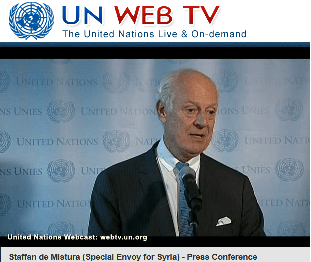 The UN Special Envoy for Syria Staffan de Mistura met on Friday in Geneva with His Highness Prince Karim Aga Khan humanitarian situation in Syria (Image via UN Press)