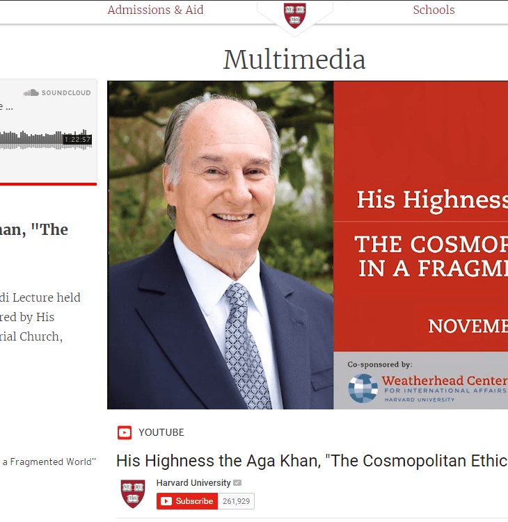 Now on Harvard University Multimedia - YouTube & SoundCloud: The Samuel L. and Elizabeth Jodidi Lecture delivered by His Highness the Aga Khan