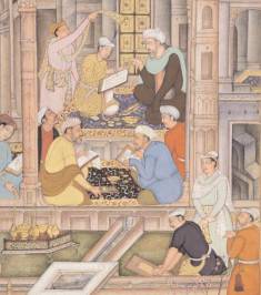 This folio from the Akhlaq-i Nasir dated Mughal Lahore, India, c. 1595 depicts a court workshop where scribes, artists, and craftsmen are at work. (Image: Treasures of the Aga Khan Museum: Arts of the Book & Calligraphy)