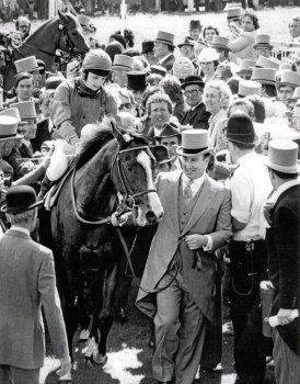 1981: His Highness Prince Karim Aga Khan IV leading Shergar after his win in the 1981 Epsom Derby (Photo by Getty Images)