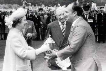 Her Majesty Queen Elizabeth II and His Highness Prince Karim Aga Khan IV at Ascot after Shergar’s victory in the King George VI Queen Elizabeth Stakes. Image credit: Getty Images
