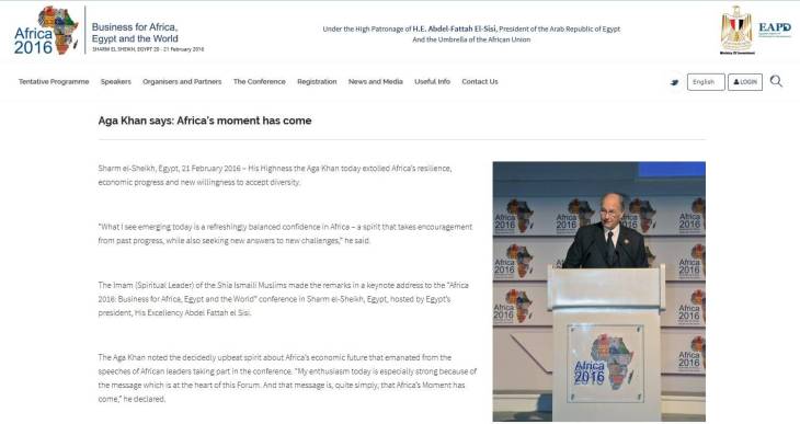 Aga Khan says: Africa’s moment has come citing success of the Arusha Accord, Tunisian Constitution & courageous response to the Ebola crisis