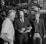 Stan Denman, Managing Director of Nation Printers and Publishers (now NMG), with Mawlana Hazar Imam and Vin Duncan, Production Manager of Nation Newspapers in 1981. Photo: NMG/TheIsmaili