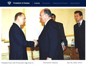 Moscow, Russia. April 30, 2002: His Highness Prince Karim Aga Khan IV meets Russian President Putin at the Kremlin. Image credit: Office of the President of Russia