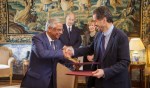 His Excellency Professor Manuel Heitor, Portugal’s Minister of Science, Technology and Higher Education, and Nazim Ahmad, Representative of the Ismaili Imamat to the Portuguese Republic shake hands after signing a Research Cooperation Agreement. His Highness the Aga Khan and Secretary of State for Foreign Affairs and Cooperation, Mrs. Teresa Ribeiro look on. (Image credit: AKDN / Luis Filipe Catarino)