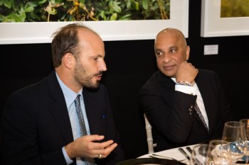 London, England. May 2016: Lord Rumi Verjee in conversation with Prince Hussain Aga Khan at The Rumi Foundation hosted exhibition and dinner for Focused On Nature. Image credit: The Rumi Foundation