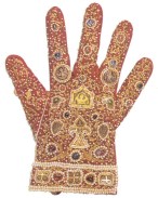 Glove, Palermo, 1220 Vienna. This glove of red silk embroidered with gold thread and ornamented with pearls, rubies, sapphires was made for the coronation of Emperor Frederick II in the royal workshops of Palermo. Image: Sibylle Mazot, Islam: Art and Architecture.