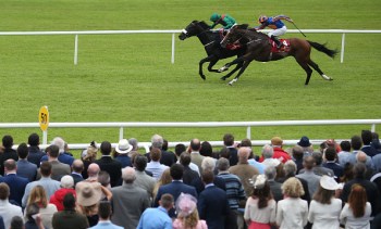 KILDARE, IRELAND - JUNE 25: Pat Smullen riding Harzand (L, green) win The Dubai Duty Free Irish Derby from Idaho and Ryan Mmore (R) at Curragh racecourse on June 25, 2016 in Kildare, Ireland. (Photo by Alan Crowhurst/Getty Images)