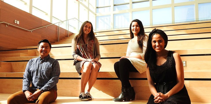 Outgoing University of Calgary students heading to Uganda and Ghana. From left: Kevin Capuno, Sydney Krill, Sahar Khajeali and Zeeyaan Somani.